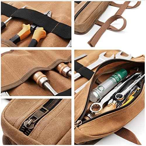 10 Pockets Tool Roll Up Organizer Bag, Heavy Duty 16oz Waxed Canvas Wrench Roll Up Bag with 2 Wrap Straps, Multi-Purpose Tool Pouch for Metric, SAE (Khaki)
