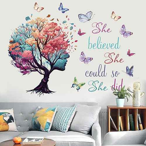Inspirational Quotes Wall Art - 'She Believed She Could So She Did' Tree & Butterfly Decal Stickers for Women & Girls Bedroom & Living Room Decor