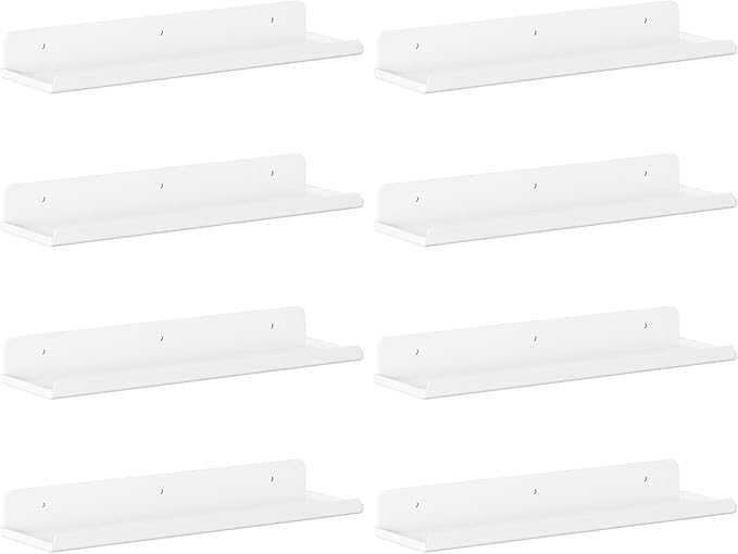 Lifewit Floating Shelves for Wall, Acrylic Display Shelf Wall Mounted for Figure, Car, Art, Book, 14" Perfume Organizer for Bathroom, Bedroom, Living Room, Nursery, Home Decor, White, 8 Pack