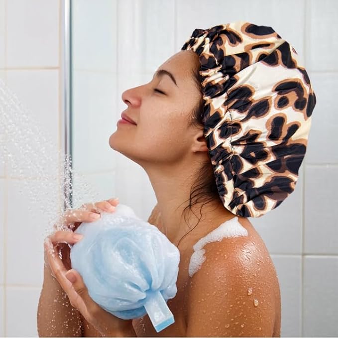 Reusable Shower Cap for Women, Large Waterproof Shower Bonnet with Elastic Band, Washable Bath Hair Cap for Long, Curly Hair, Braids, Daily Shower, Home Spa, Travel(Leopard)