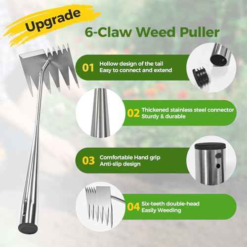 Weed Puller Tool, 2025 Upgraded Portable Manual Weeding Tools Gardening, 6 Teeth Dual Head Stainless Steel Hand Garden Weeding Rake, Weed Remover Tool for Gardening Backyard Yard Farm Planting Weeding