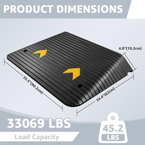 4 Inch Rubber Threshold Ramp for Doorway, 35.5" Wide Non-Slip Wheelchair Ramp with Reflective Arrows, Odorless Natural Rubber Curb Ramp for Home Steps, Scooter, Stroller & Pet Access