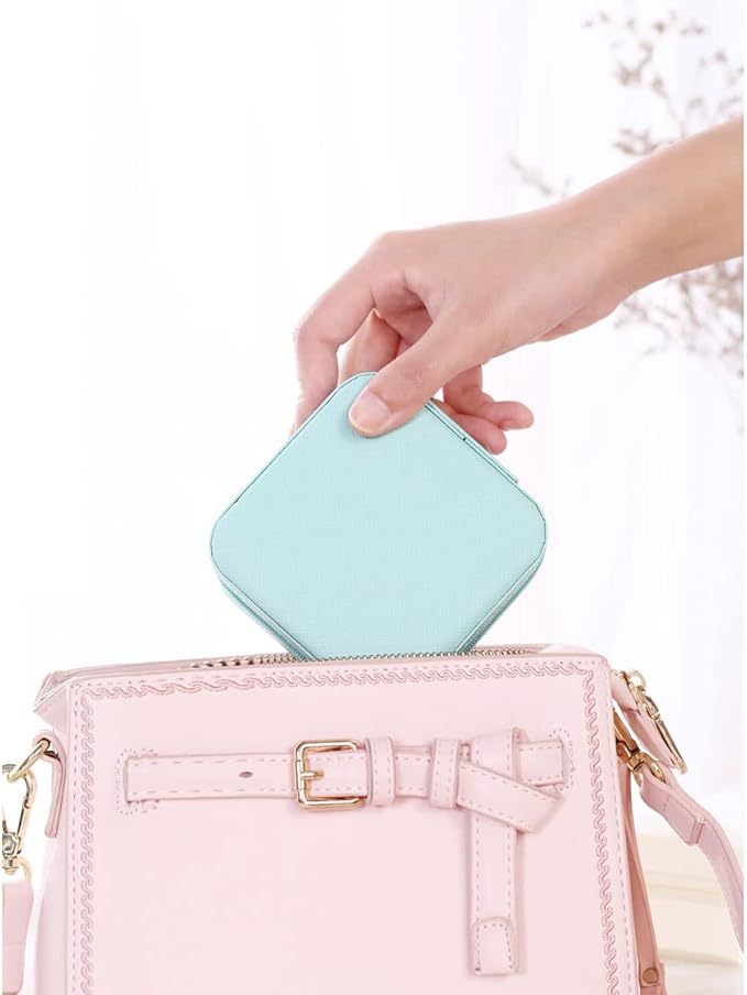 Travel Jewelry Case, Mini Portable Jewelry Travel Boxes, Small Jewelry Organizer for Rings, Earrings, Pendants, Watches, Necklaces, Lipsticks Organizer Storage Holder Case (Cyan Blue)