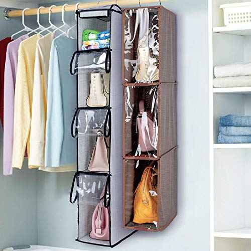 4 Tier Handbag Purse Organizer with Dustproof Cover, Foldable Hanging Closet Wardrobe Storage Shelves Closet Storage System for Living Room Bedroom Home Use, Grey
