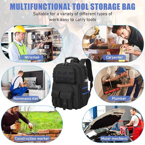 Tool Backpack, Heavy Duty Tool Bag with Padded Shoulder and Removable Tool Organizer, Water-Resistant Work Backpack, for Electrician, Plumber, HVAC, Cable Repairman, Black & Blue