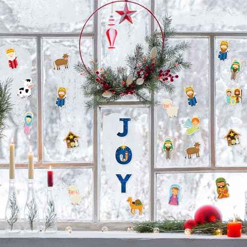 20 PCS Christmas Window Decor Nativity Thick Gel Clings Religious Christian Decoration Jesus Birth Window Clings Decals for Kids Toddlers Home Airplane Xmas Yuletide Party Classroom Nursery