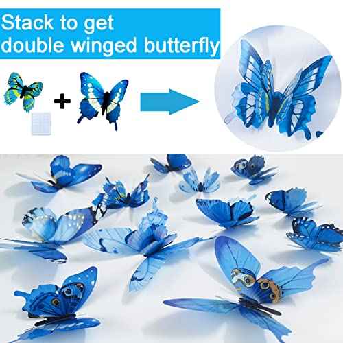 Ewong 60Pcs 3D Butterfly Wall Decor, Decoration Party Birthday Cake Waterproof Removable Mural Sticker, Butterflies Wall Art Home Decals Living Room Bathroom Bedroom Office Decorative (Blue)