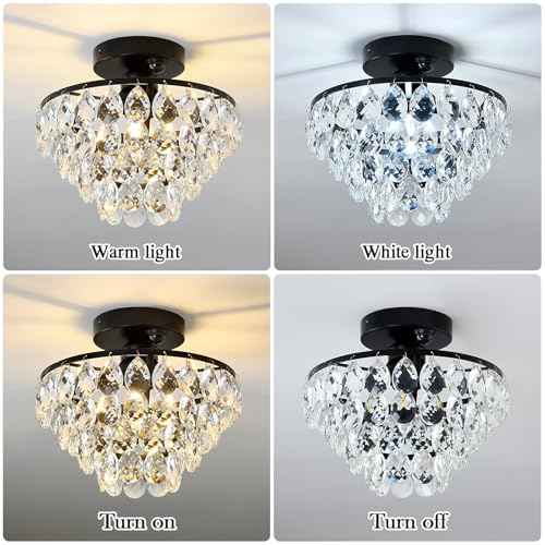 YYJLX Indoor Motion Sensor Ceiling Light Fixture Modern Cryatal Semi Flush Mount Ceiling Light Black Ovrehead Light Fixture for Porch Hallway Front Entryway Kitchen Hall Garage.