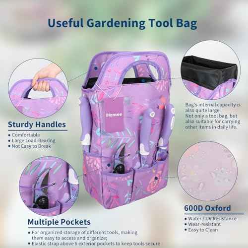 Purple Garden Tool Sets 10-Piece, Aluminum Alloy Steel Hand Tools w/Non-Slip Ergonomic Handle, Floral Print Garden Supplies Organizer Handbag, Cute Gardening Tools Gift for Women Grandmother
