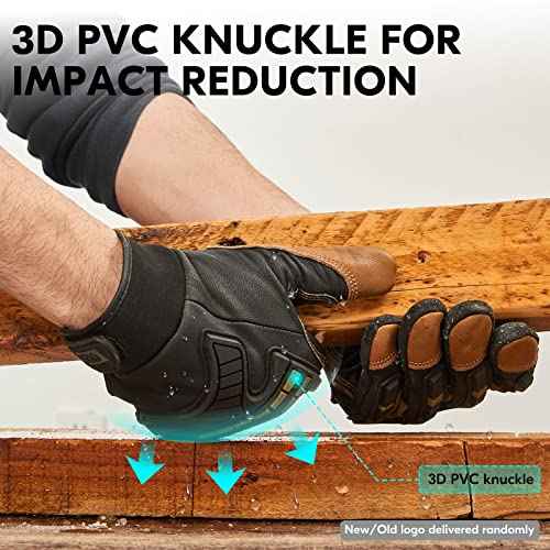 Vgo... 1-Pair High Dexterity Water Repellent Goat Leather Heavy Duty Mechanic Glove,Rigger Glove,Anti-Vibration,Anti-Abrasion,Touchscreen (Size L,Brown,GA8954)