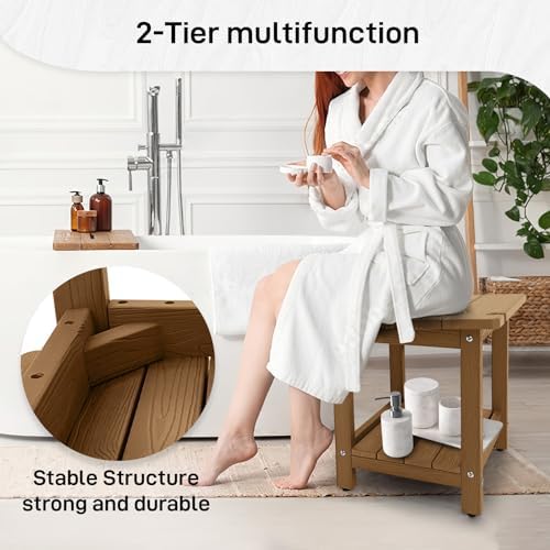 HDPS Shower Bench, Inside Shower Chair for Shaving Legs, Waterproof 2-Tier Bath Spa Shower Stool for Adults Sitting, Weather -Resistant No-Slip Indoor Outdoor Shower Seat, Teak
