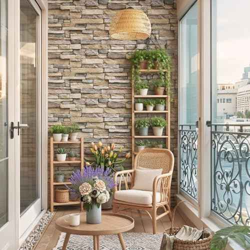 Yancorp 18"x120" Brick Wallpaper Peel and Stick Modern Stone Contact Paper Backsplash Self-Adhesive Wall Paper Kitchen Bedroom Accent Wall Brown Beige Removable Wallpaper