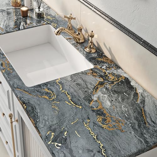 Livelynine Marble Peel and Stick Wallpaper Gold Black Marble Contact Paper Peel and Stick Countertops Kitchen Countertop Vinyl Wrap Waterproof Desk Self Adhesive Covering Counter Top Covers 15.8x78.8