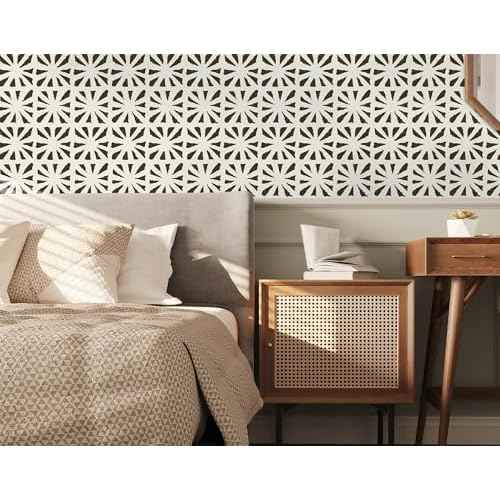 Peel and Stick Wallpaper Geometric Boho Contact Paper Black 78.7 "x17.3 Beige Self-Adhesive Wallpaper Vintage for Bedroom Waterproof Removable Shelf Liner Decal Vinyl Roll