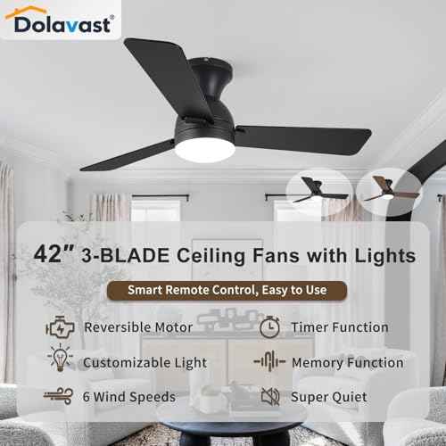 Ceiling Fans with Lights and Remote, 42 Inch Ceiling Fan with Light, Low Profile, Reversible, Dimmable LED, Flush Mount, Quiet, DC Motor, Black Ceiling Fan for Bedroom, Kitchen, Dining Room