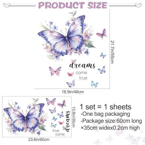 Purple Butterfly Wall Decals Removable Butterfly Flower Wall Stickers Peel and Stick Butterflies Wall Decor Stickers for Kids Girls Bedroom Nursery Bathroom Decorations VA-G006