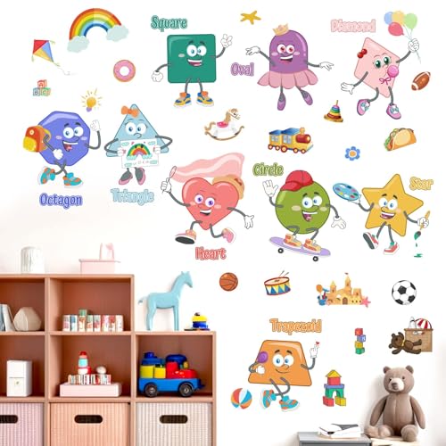 Kids Shapes Educational Wall Decals - Enlighten Learning Geometry Wall Stickers - Baby Boys Girls Nursery Daycare Library Bedroom Playroom Wall Decor