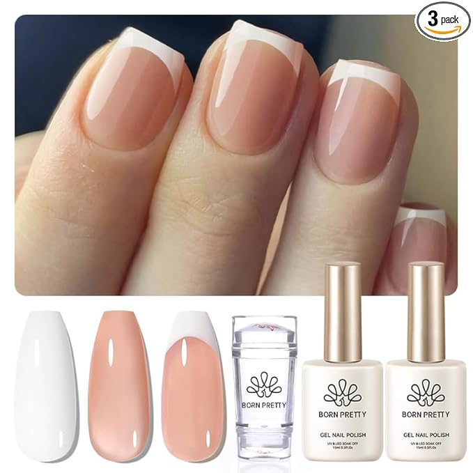 Born Pretty French Manicure Kit, Nail Stamper and 2Pcs Gel Nail Polish, Include Jelly Natural Pink White Colors for French Tip, U V Light Cure