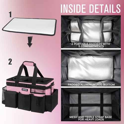 Wearable Cleaning Caddy Bag, Cleaning Caddy Supplies Organizer with Handle & Shoulder Straps for Housekeepers, Under Sink & Car Cleaning Tool Organizers with 4 Foldable Divider (SweetPink)