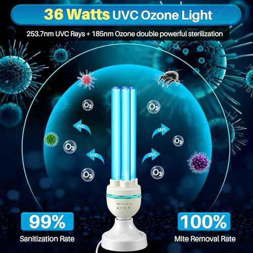 Qualirey 36 Watts UVC Ozone Light with Remote Control and UV Glasses, UV Lamp with E26 Base, 3 Gear Timer 15/30/60 Minutes, UVC Light Bulb for Basement, Bedroom, Kitchen, Storehouse, Car