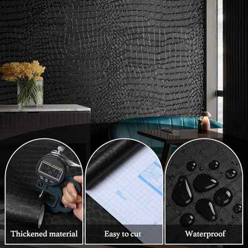 Peel and Stick Wallpaper Black Crocodile Wall Paper Modern Textured Self-Adhesive Removable Contact Paper Thicken Waterproof Easy to Clean Decorative for Bedroom Bathroom Film 118 "x15.75