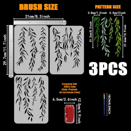 FINGERINSPIRE 3 PCS Willow Leaves Painting Stencil with a Paint Brush 8.3x11.7inch 3 Styles Weeping Leaves Stencil Leaves Vines Template for Painting on Wall Wood Furniture DIY Home Decoration