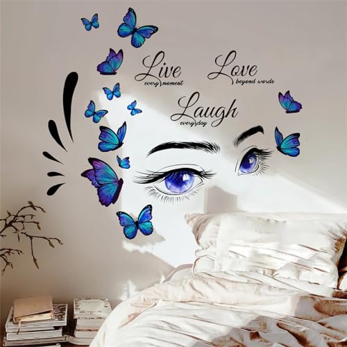 Blue Eyelash Eyes Butterfly Wall Stickers, sacinora Inspirational Quotes Motivational Word DIY Wall Decals Removable Vinyl Peel and Stick for Women Girl Kids Living Room Bedroom Nursery Art Decoration
