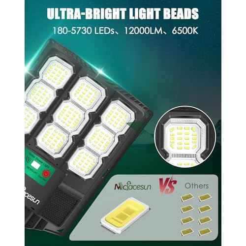 Solar Lights Outdoor 12000LM -6500K Solar Street Light, IP66 Waterproof Outdoor Flood Lights with Motion Sensor & Dusk to Dawn, led solared Street Light Easy Installation, Pack of 2