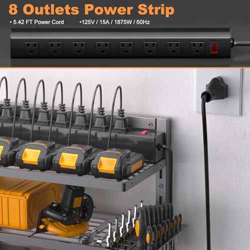 Power Tool Organizer Wall Mount with Charging Station, 4 Drill Holder Cordless Tool Organizer, 4 Layer Storage Rack Heavy Duty Metal Garage Organization with 8 Outlet Power Strip for Fathers Men Gift