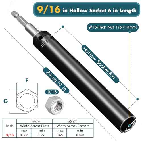 Blulu 9/16"(14mm) Power Nut Driver, Nut Runner Hollow Socket with 1/4" Hex Shank, Fit Long Bolts and Ductwork for Overhead Fastening Applications Operations(1 Pack,6 Inch)