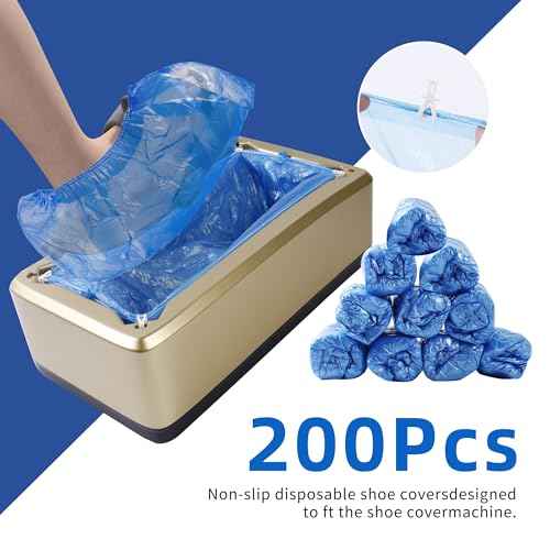 Automatic Shoe Cover Dispenser, Waterproof and Non-slip, 200 Disposable Shoe Covers for Men's Shoes up to Size 12, Great for Home, Office, Factory and Indoor Use (Gold)