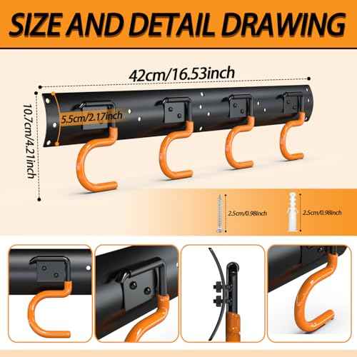 3-H 4¡¿16" All Metal Garden Tool Organizer, Garage Tool Organizer, Broom Holder Wall Mount for Garage, Shed, Garden, Basement Hanging and Organizing Rake, Mop, Shovel, Hose