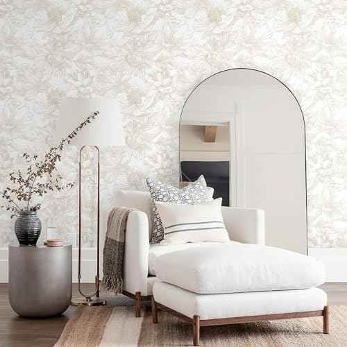 Ismoon Large Floral Peel and Stick Wallpaper Boho Beige Contact Paper 17.3inx6.5ft Neutral Wall Paper Removable Self Adhesive Wallpaper Bedroom Cabinet Bathroom Waterproof Mural Wall Decor Vinyl Roll