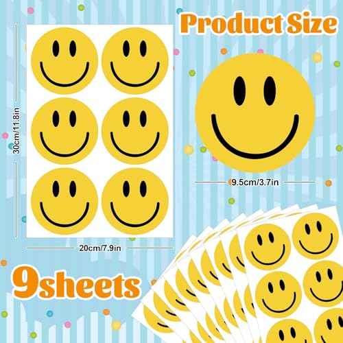 9 Sheets Preppy Smile Wall Stickers Yellow Happy Face PVC Decorative Wall Decals Mural Vinyl Self-Adhesive Wall Decor for Home Classroom Nursery Party Supplies, 7.9 x 11.8 Inch
