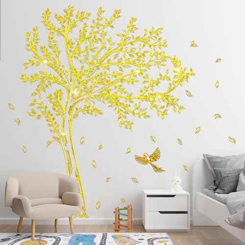 Large Tree Wall Decals Peel and Stick Gold Tree Wall Decals Murals Golden Stamping Walls Art Decal Home Decor for Living Room, TV Walls, Bedroom