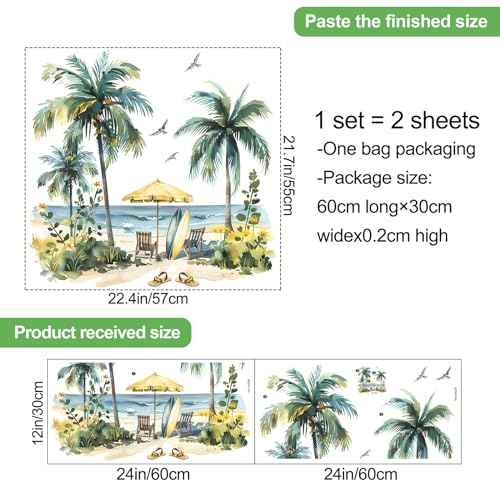 Tropical Palm Tree Wall Stickers Peel and Stick Summer Beach Wall Decals Large Sea Waves Beach Chairs Wall Art Decal for Living Room Bedroom Offiice Sofa TV Background Decor