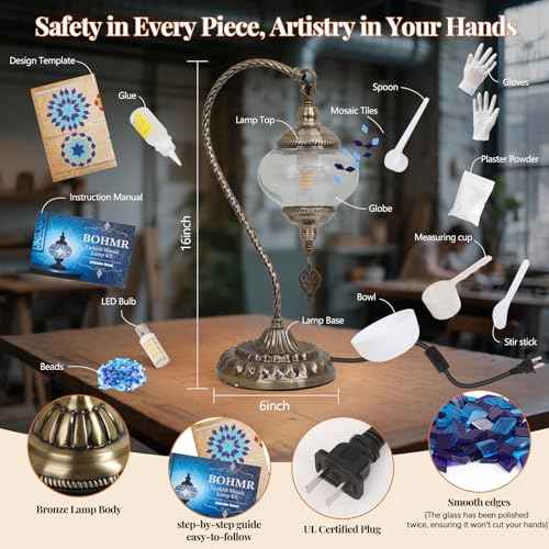 DIY Turkish Mosaic Lamp Kit, Swan-Neck Stained Glass Lamp Making Kit- Easy,Fun,No Experience Needed, Mosaic Art & Craft Project Kits for Adults & Teens, Make Your Own Table Lamp,Blue