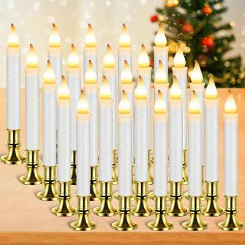 Yungyan 20 Pieces Window Candle Lights with Sensor Dusk to Dawn Flameless Battery Operated LED Candles Bulk Flicker Flame for Christmas Holiday Party Decorations(Gold Base)