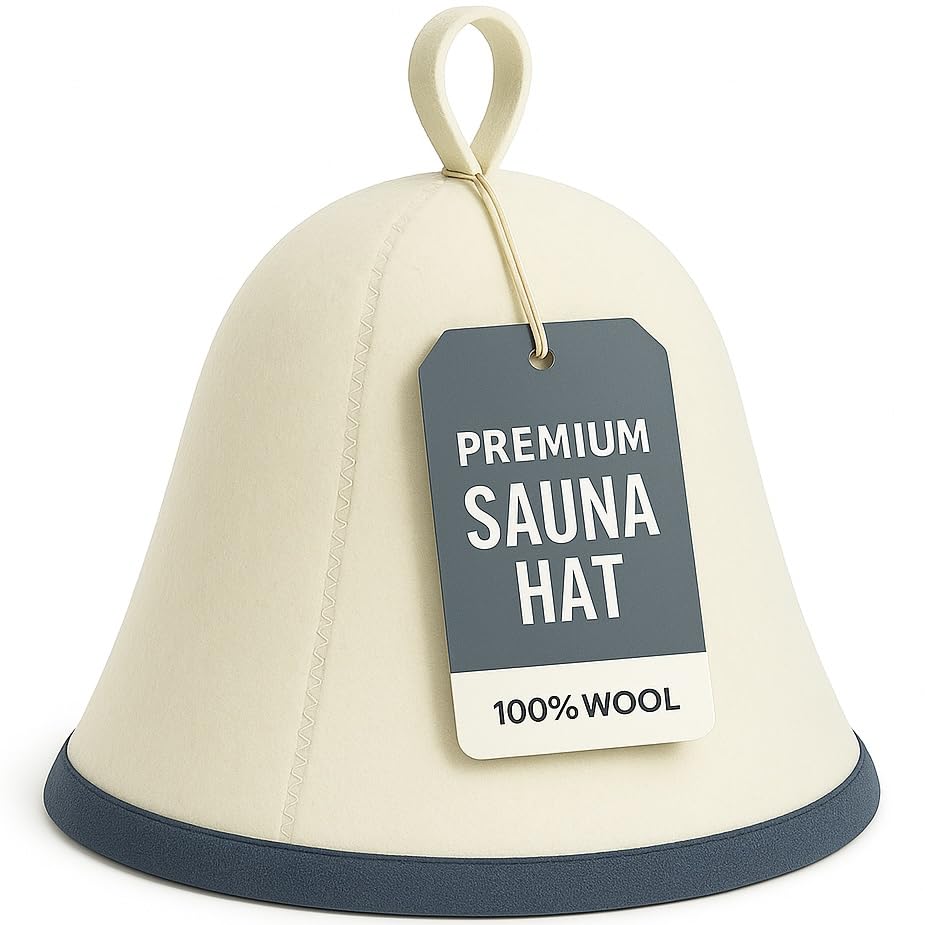 Premium Sauna Hat – 100% Natural Wool, Handmade Sauna Headwear for Men and Women – Eco-Friendly, Breathable, Insulating Hat for Sauna, Steam Room, Banya, and Bathhouse – One Size Fits All, White-Blue