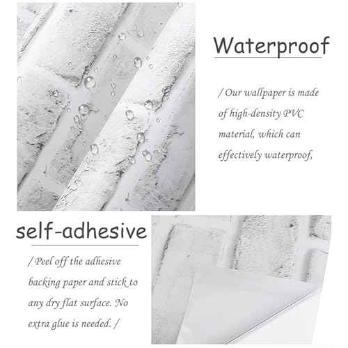 Cohoo Home Brick Wallpaper Peel and Stick Contact Paper 787inL 18inW Faux 3D Brick Contact Paper for Walls White Gray Grey Self Adhesive Removable Wallpaper Backsplash Bedroom Wall Sticky Waterproof
