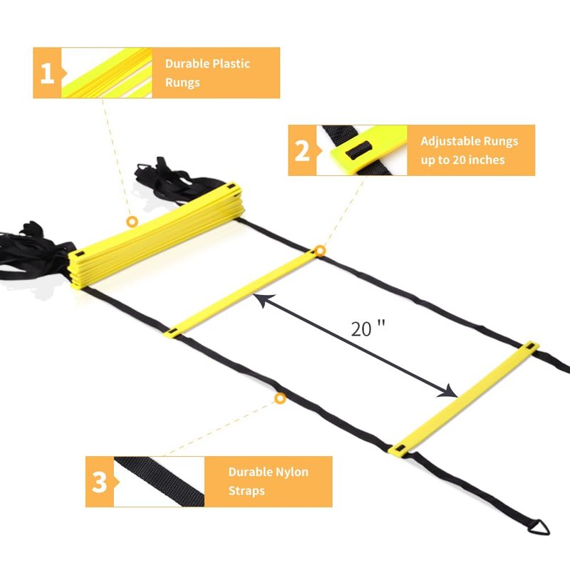 YISSVIC Agility Ladder and Cones 20 Feet 12 Adjustable Rungs Fitness Speed Training Equipment,1 Carry Bags, 10 Cones, 4 Stakes, Basketball, Soccer (20 feet Yellow)