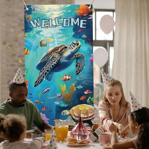 arricraft 1 Pc Welcome Theme Turtle Door Cover, Summer Beach Door Banner Nautical Porch Banner Ocean Animal Party Decorations Polyester Sign for Party Supplies 35.4x72.8 inch(90x185cm)