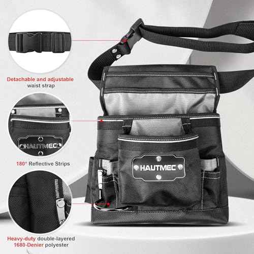 HAUTMEC Heavy Duty Framing Tool Belt Electrician Tools Pouch Organizer Work Belts, 12-Pocket 1680D Tool Bag with Waist Strap Hammer Holder and 360¡ÆReflective Strips, Black & Gray