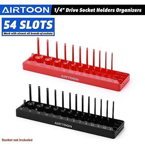 AIRTOON 1/4-Inch Drive Socket Organizer Trays, 2-Piece SAE and Metric Socket Tray Set, Deep and Standard Socket Holders Organizers for Toolbox, Black & Red