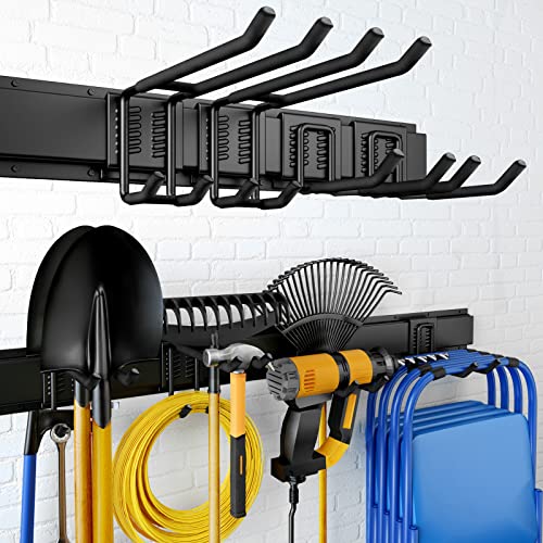 32 Inches Garage Storage, Garage Organization, Wall Mount Garden Tool Organizer, Max 300lbs Adjustable Metal Hooks, Yard Shed Hanging Rack, Heavy Duty Shelving for Rake Broom Mop Snowboard