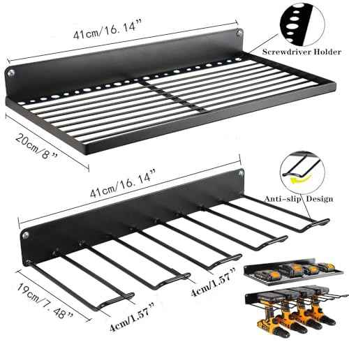 2-Tier Power Tool Organizer, Storage Rack Wall Mount Drill Holder for 4 Power Drill Tools, Space Saving, Utility Storage Rack for Garage, Workshop, Tool Library Etc