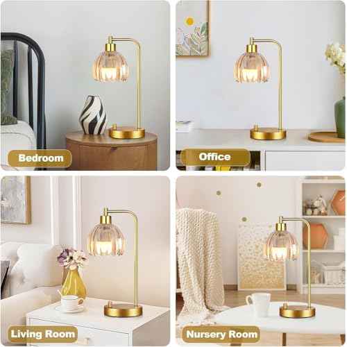Glass Table Lamp Set of 2,Small Gold Bedside Lamps Dimmable Boho Bedroom Lamp with Tulip Flower Amber Lamp Shade,Vintage Mid Century Modern Mini Nightstand Lamp for Bedroom Living Room