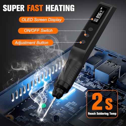 Soldering Iron Kit, Cordless Soldering Gun with 2 Helping Hands, 2s Fast Heating 356-896¢µ OLED Solder Kit, Auto Sleep, Includes 360¡Æ Swivel Stand, C210 Tips, Wire, Wick, Sponges, Wrench, Black