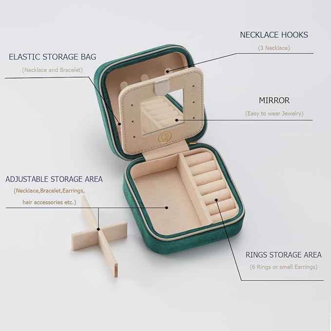 Plush Velvet Jewelry Travel Case,Small Jewelry Box,Traveling Jewelry Organizer,Portable Jewellery Storage Holder for Rings Earrings Necklace Bracelet, for Girls Women | Green-Mirror