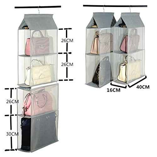 Detachable 4 Compartment Pouch Hanging Handbag Organizer Clear Purse Bag Storage Holder Wardrobe Closet Space Saving Organizers System for Living Room Bedroom(Pack of 2 Brown)